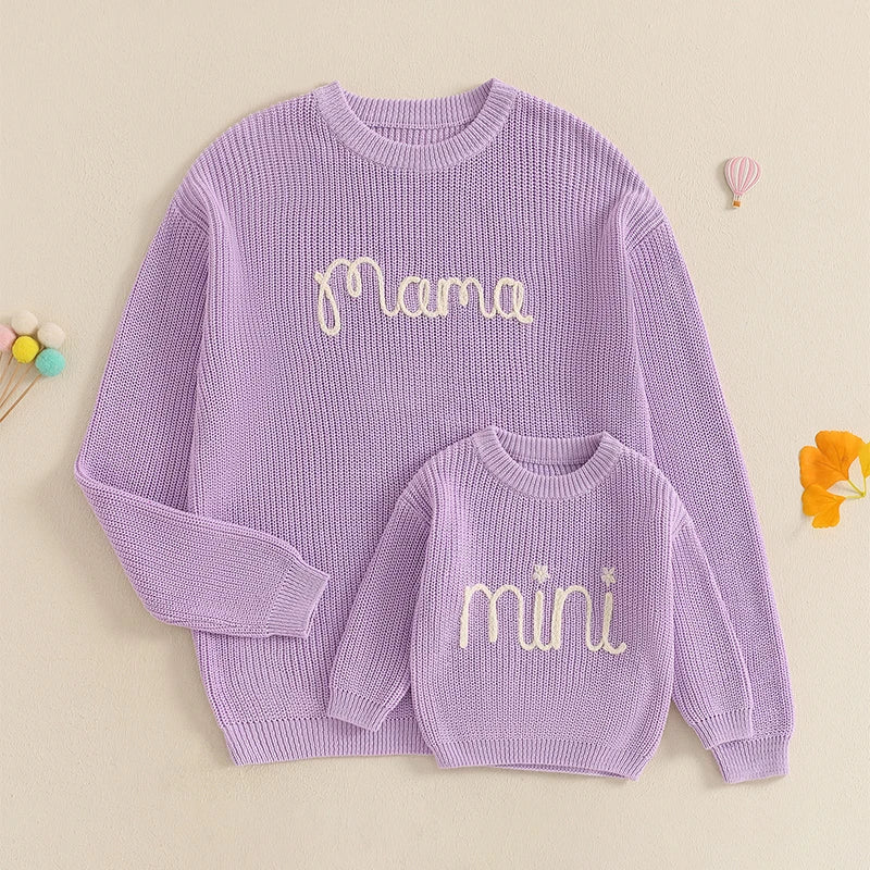 Family Matching Sweaters Mommy and Me Letter Embroidery Round Neck Knitwear Comfortable Warm Tops