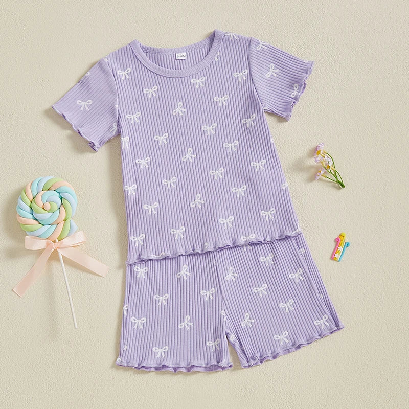 2024-12-09 Lioraitiin Toddler Baby Girl Bow Ribbed Outfit Lettuce Trim Short Sleeve Tops Elastic Waist Shorts Summer Set