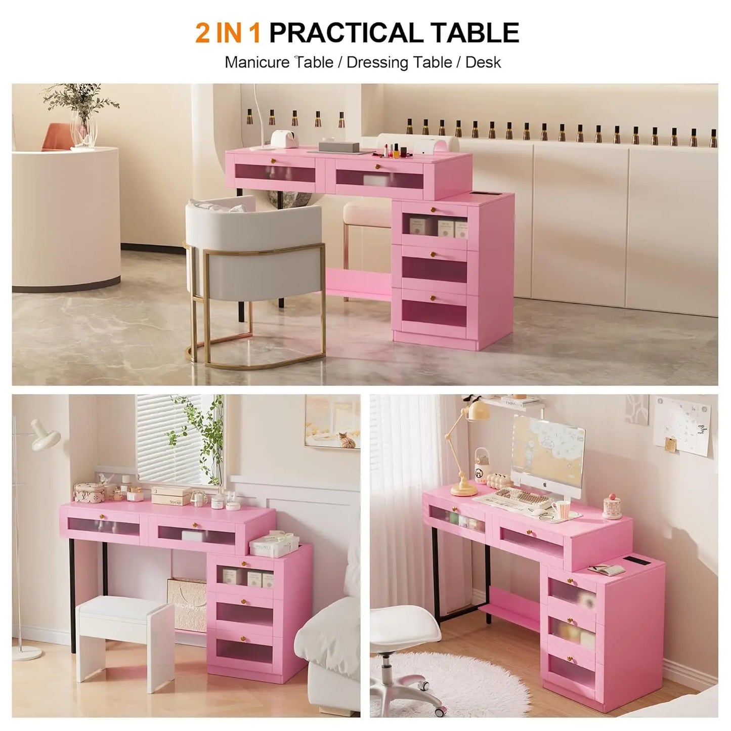 Manicure Table Nail Desk Vanity with Storage Drawers for Home Salon Bedroom Living Room Office, Custom