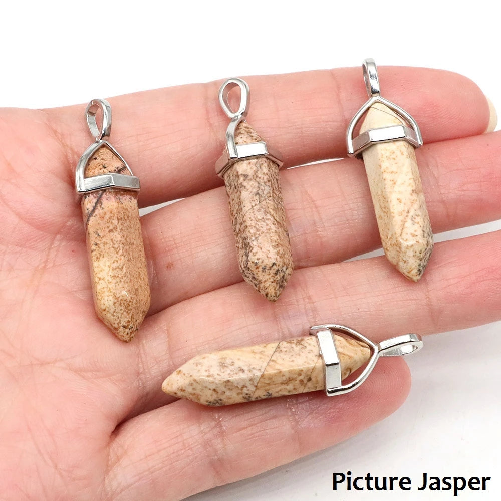 1PC Hexagonal Chakra Crystal Pendant Bullet Shape Natural Gemstone Pointed Quartz Stone Pendants for DIY Necklace Jewelry Making