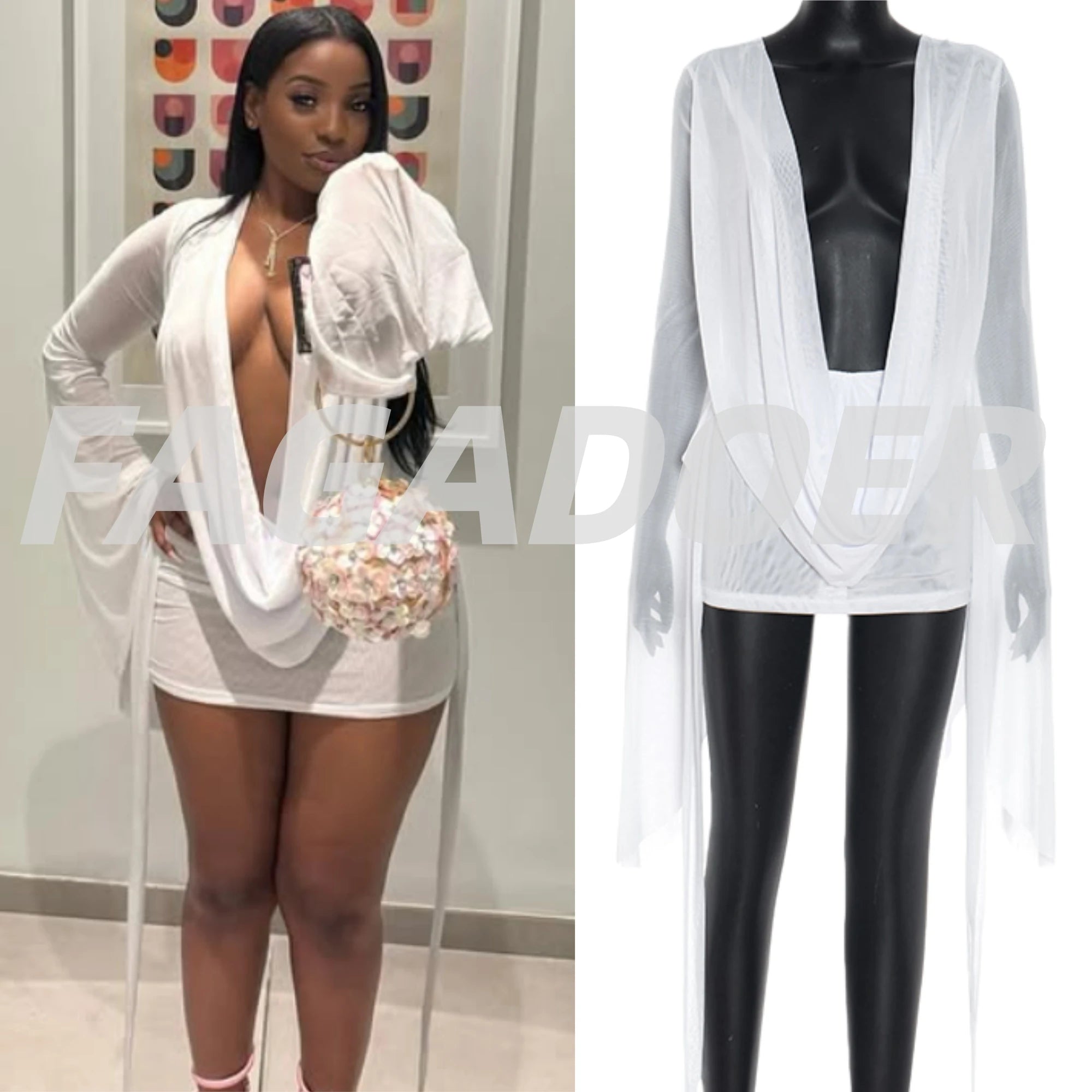 FAGADOER Sexy Mesh See Through Mini Bodycon Dress Women Long Sleeves Deep V-neck Irregular Dresses Female Streetwear Vestidos