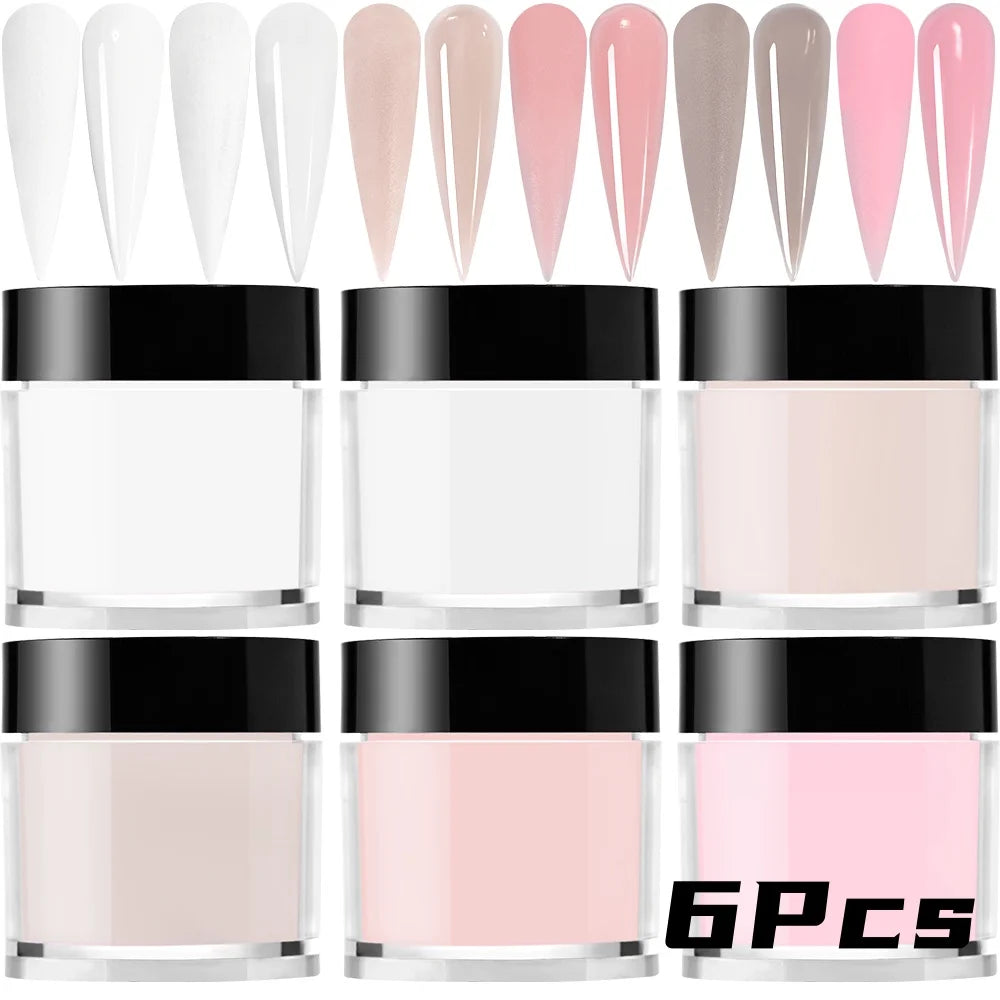 6Jars Glitter Nude Acrylic Nail Powder Set Pink Blue Glitter Acrylic Powder for Nail Extension French Manicure Nail Carving Tool