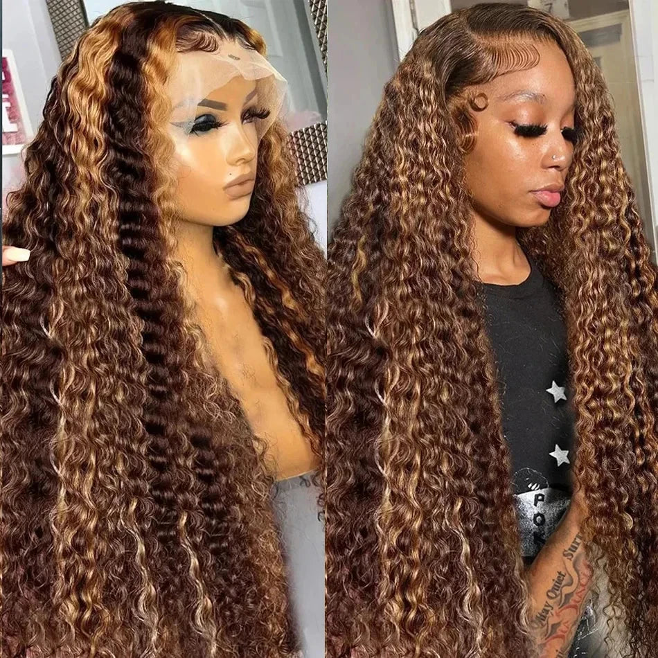 Brown Water Wave Lace Front Wig Highlight Ombre Glueless Deep Wave 13X4 Lace Curly Human Hair Wigs 13x6 HD Lace Frontal Wigs