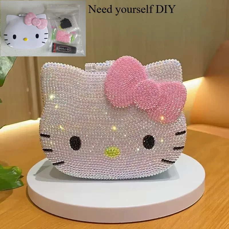 Hello Kitty Storage Box DIY Sticker Diamond Jewelry Box With Mirror Cartoon Full Diamond Desktop Box Birthday Gift For Girl kids