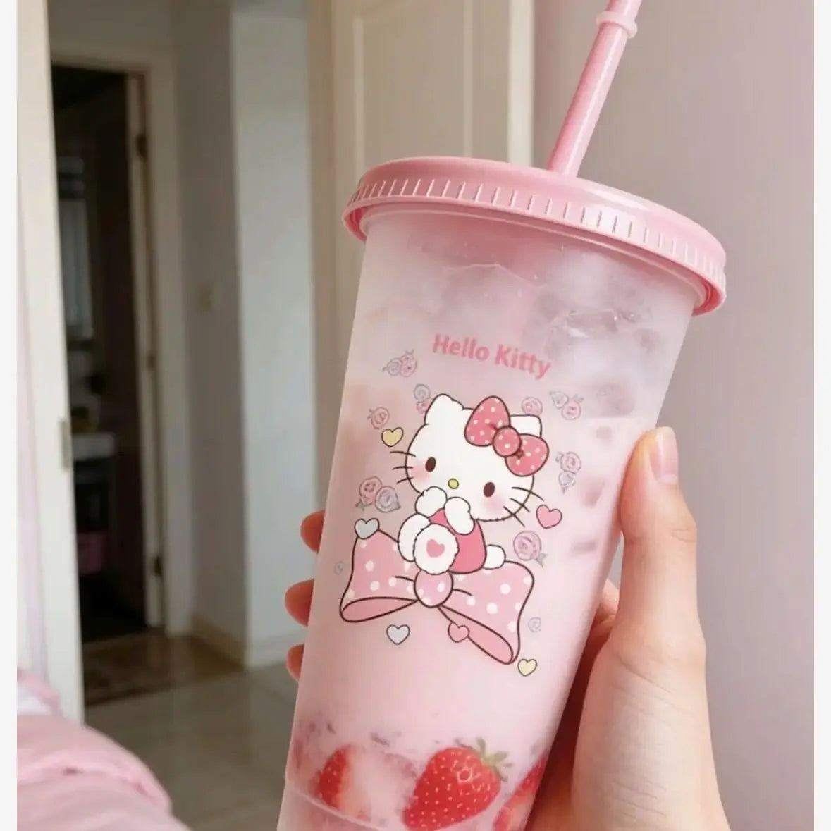 Anime Summer Pink Hello Kitty Frosted Straw Coffee Cup Unique High Aesthetic Large Capacity Girls Cold Drink Tumbler Sanrio 2026