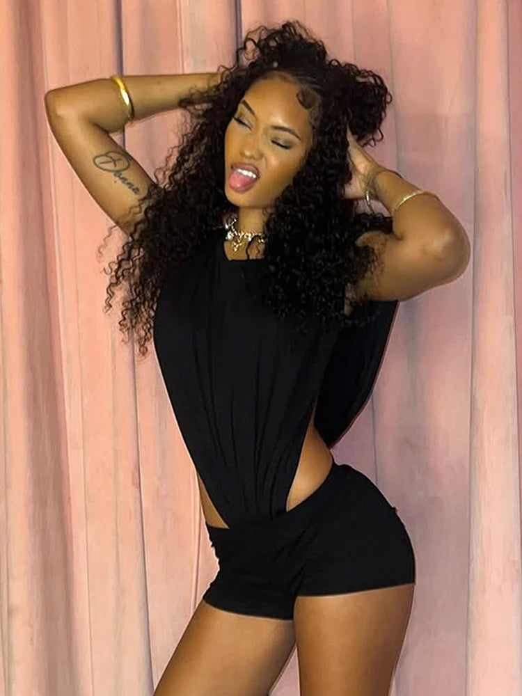 Nibber Stretch Coquette Women 2 Piece Set hipster Sexy Ruched Shoulder Side Split Bodysuit+Shorts Matching Midnight Clubwear