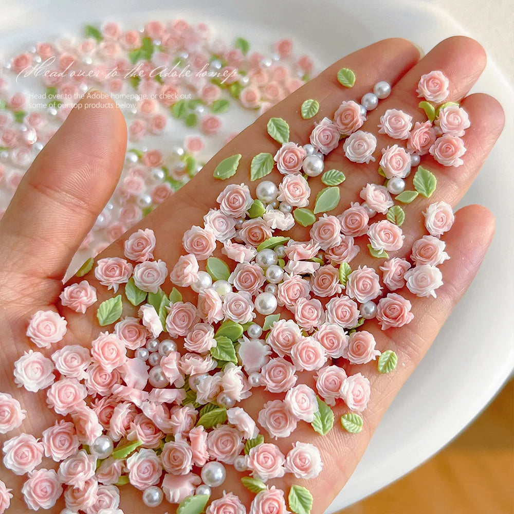 3D Mixed Size Nail Art Luxury Decoratons Rose Nail Charms Accessories 30pcs Pearl Resin Flower Pink Rose Red Supplies Parts DIY
