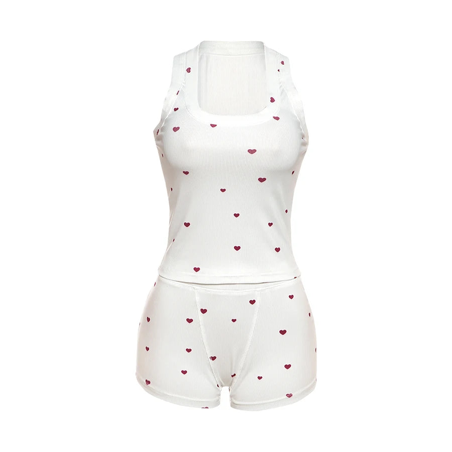 Nibber Comfortable Heart Print 2 Piece Set Women Square Collar Sleeveless Crop Tops+Stretch Shorts Sweet Girls Fashion Outfits