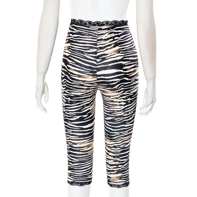 CUTENOVA Sexy Hottie Lace Edge Bow Decoration Leopard Print Slim Seven Pants Summer New Women'S Fashion Street Casual Seven Pant