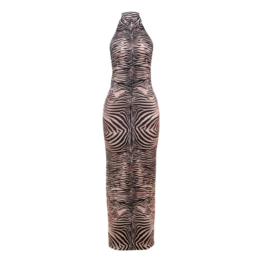 Sisterlinda Stunning Stripe Print Maxi Dress Summer Hipster Halter Backless Straight Skinny Long Robe Female Vintage Sexy Frock
