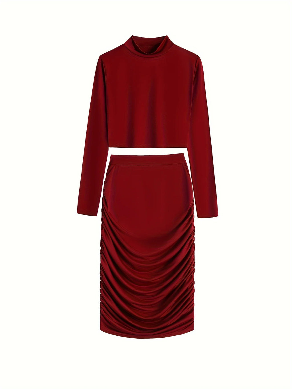 Sexy Bodycon 2pcs Set Long Sleeve Crop Top & High Waist Ruched Skirt Women's Clothing