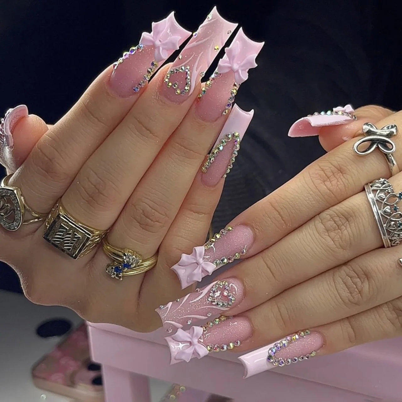 24Pcs Brown Long Coffin False Nails Glitter Ballet Wearable with French Design Fake nails Full Press on Nail Ins Nail Tips Art