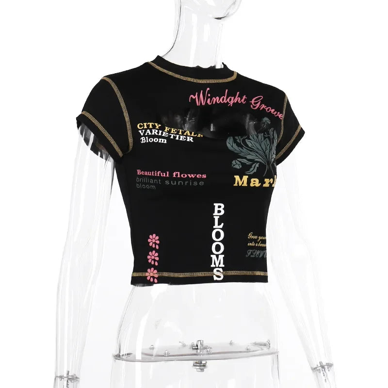 Hollow Out Crop Top Women Summer Aesthetic Clothes Printing Y2k Accessories O-Neck Ropa De Mujer Sexy Roupas Femininas Estilosas