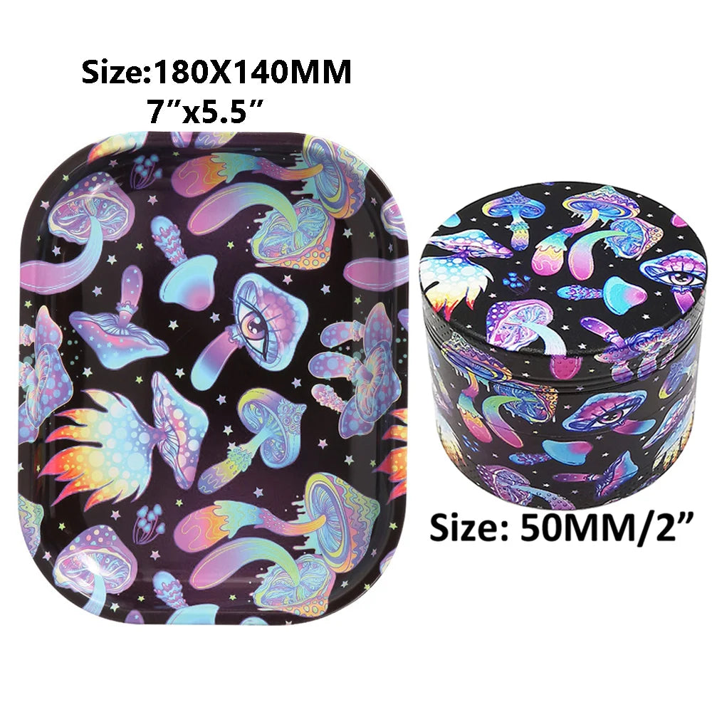 Herb Grinder With Rolling Tray 180*140MM Tobacco Smoke Roller 50MM Grinder 4 layers Kit Bear Ghost Print