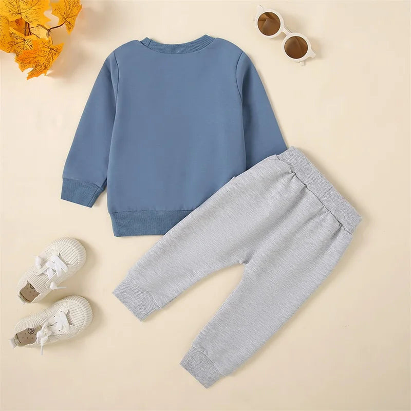 Pudcoco Infant Newborn Baby Boy Fall Outfit Letter Print Long Sleeve Sweatshirt Elastic Waist Pants with 3D Bow 2 Piece Set 0-3T