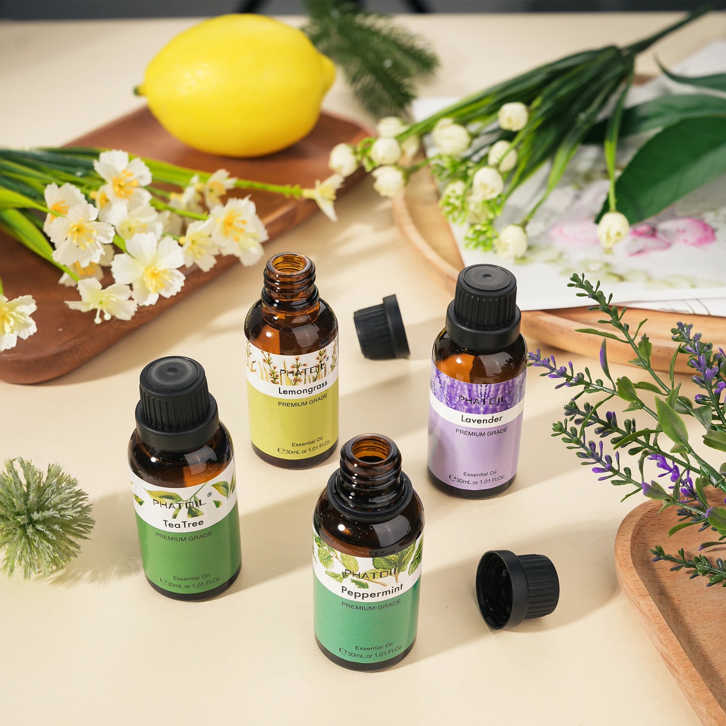 PHATOIL 1PCS Aromatherapy Essential Oil 30ml Lemon Eucalyptus Lavender Bergamot Jasmine Juniper Rose Vanilla Aroma Essential Oil