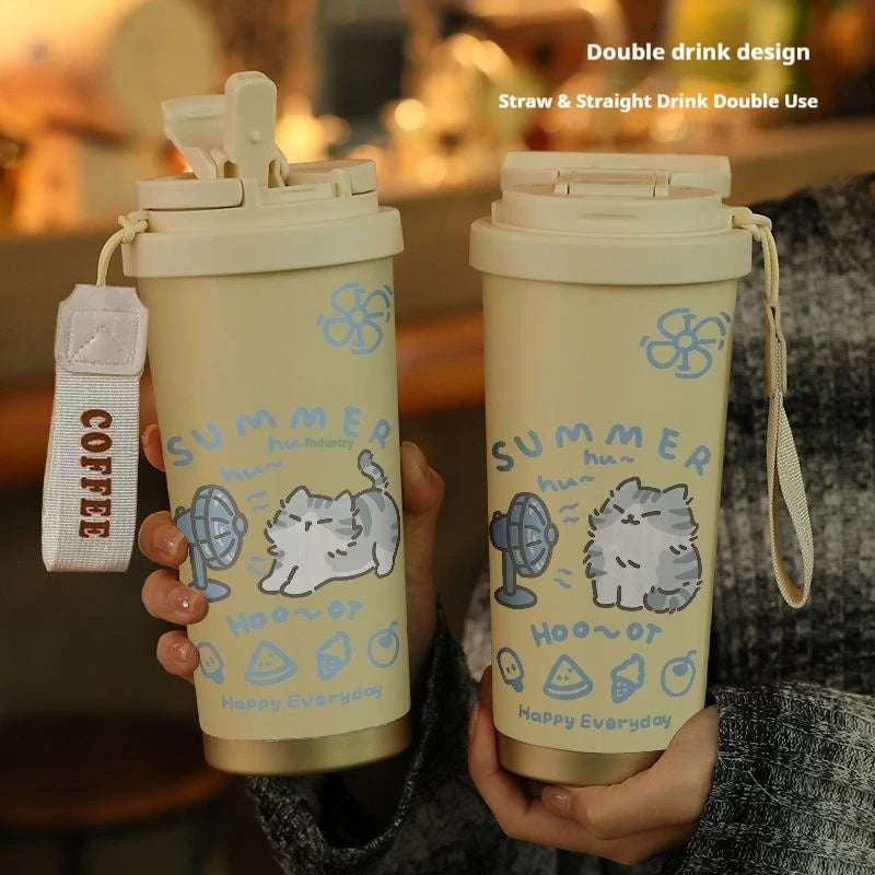 520ml Cute Cartoon Cat Insulated Cup High Appearance Stainless Steel Straw Cup Cold And Hot Insulation Double Drinking Cup