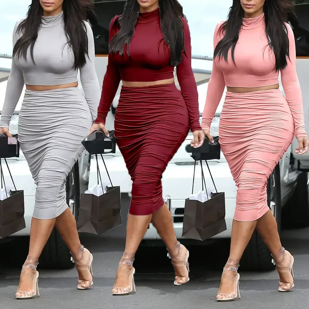 Sexy Bodycon 2pcs Set Long Sleeve Crop Top & High Waist Ruched Skirt Women's Clothing