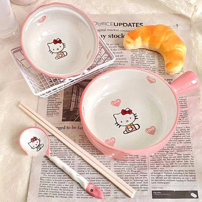 Kawaii Sanrio Hello Kitty Cute Tableware Dormitory Home Salad Baking Person Food Underglaze Color High Value Ceramic Noodle Bowl