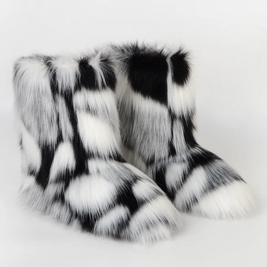 New Winter Fur Onepiece Raccoon Fur Female Snow Boots Fur Shoes Outdoor Mid Leg Boots