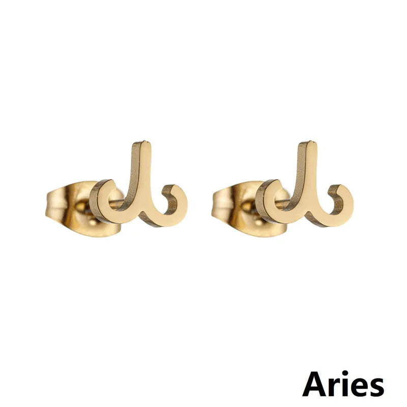 Stainless Steel 12 Constellation Earrings for Women Zodiac Sign Symbol Ear Studs Astrology Jewelry Girls Birthday Gift Accessory
