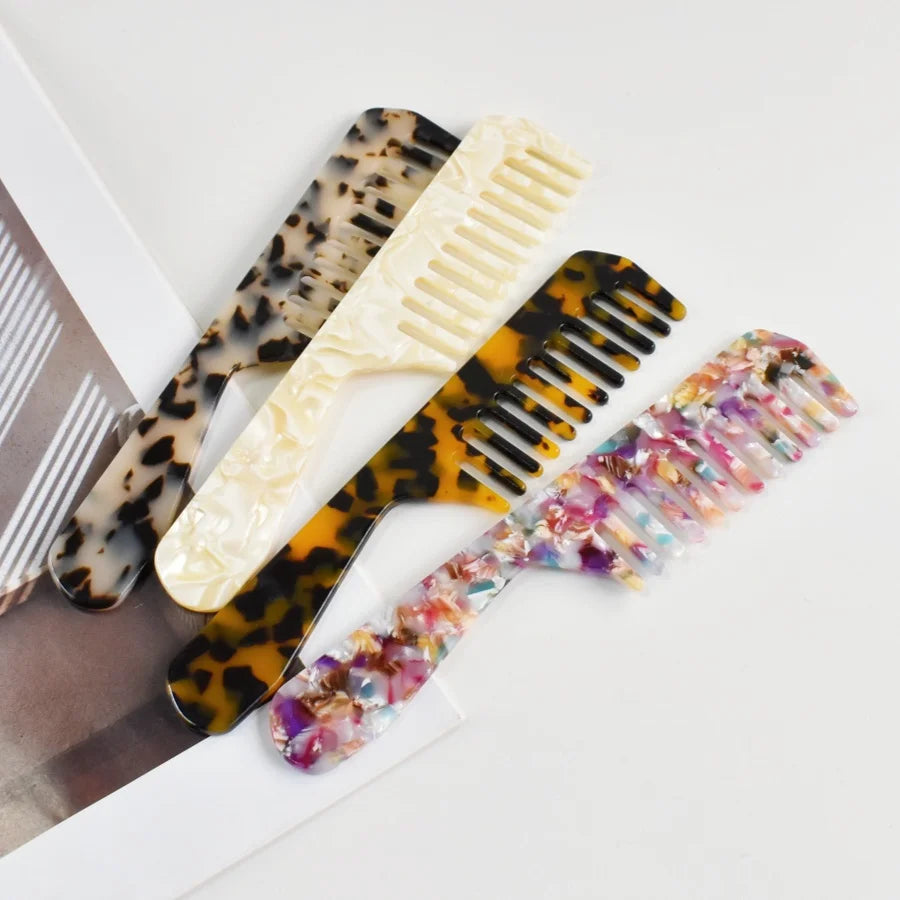 1PC Women's Multicolor acetate Long handle Wide Teeth Smooth comb Portable comb Comfortable handle Holiday gift casual