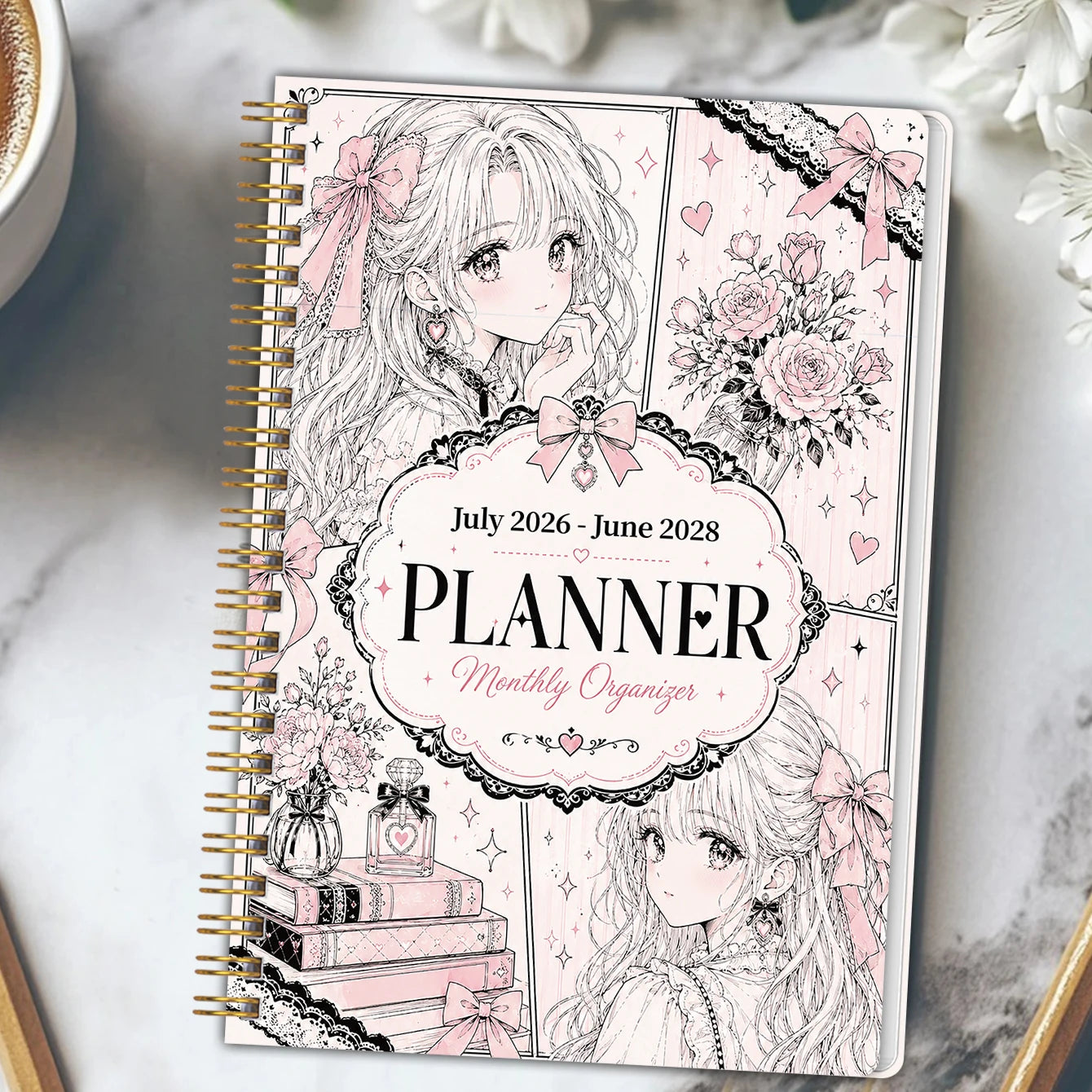 2026-2028 Monthly Planner, Pink Manga Girl Cover Spiral Calendar Notebook, PP Cover, 100GSM Paper, Mini Calendars