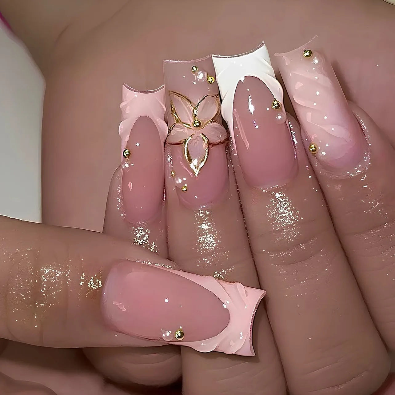 24Pcs Brown Long Coffin False Nails Glitter Ballet Wearable with French Design Fake nails Full Press on Nail Ins Nail Tips Art