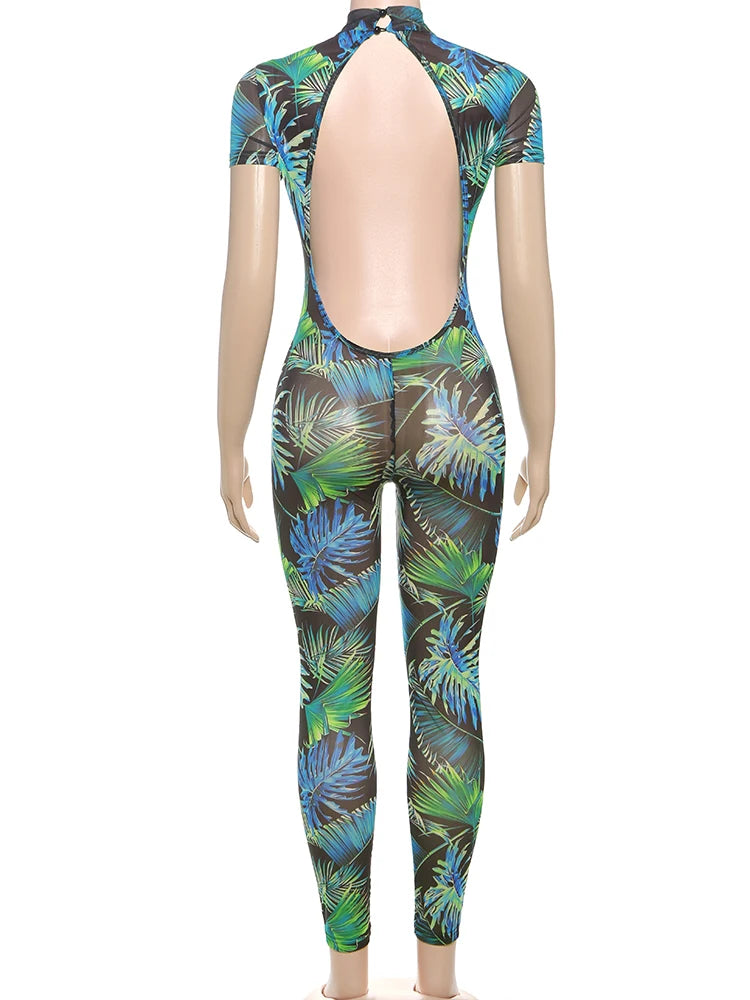 kliou Aesthetic Printed Women Jumpsuits Fashion Sexy Panelled Short Sleeve Backless Stand Collar Slim Overalls Mujer Clubwear