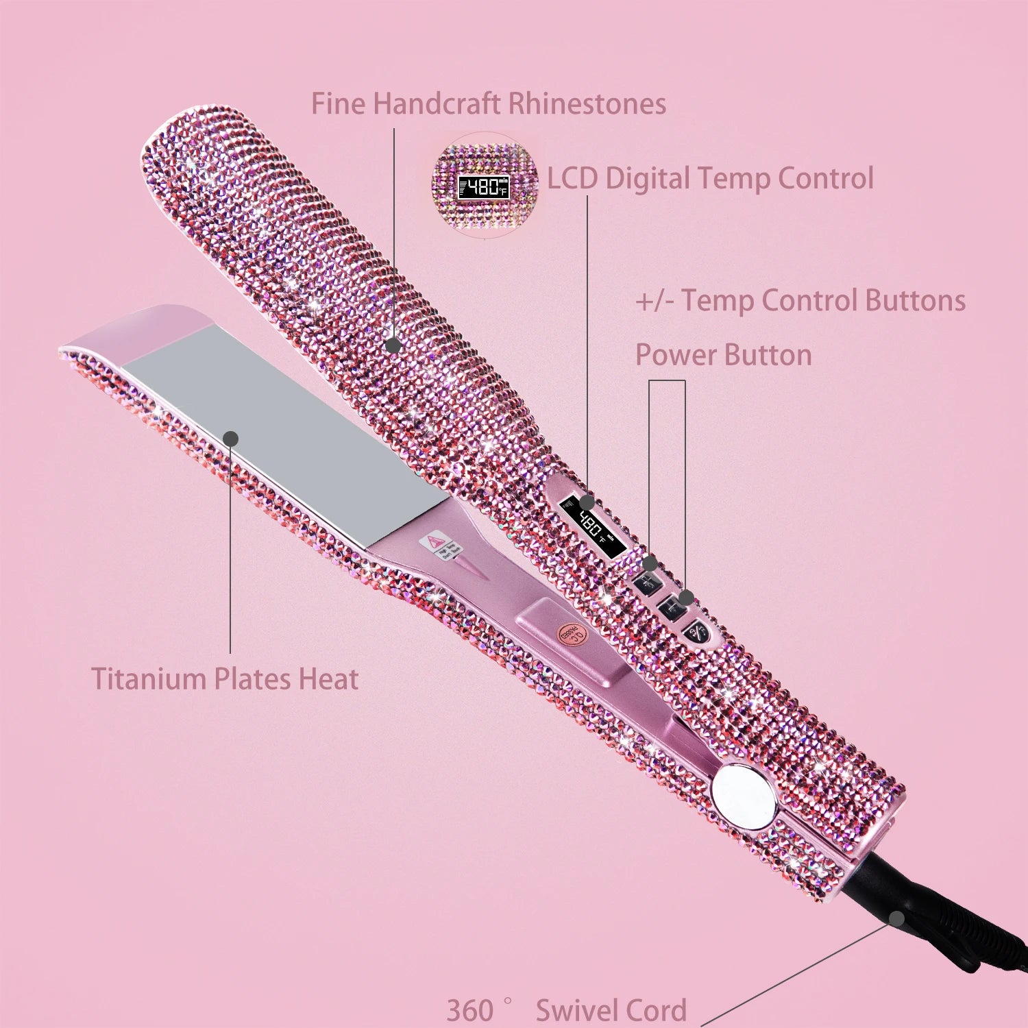 Professional Hair Straightener Rhinestone Flat Iron Titanium Dual Voltage 2 Inch LCD Display Hair Tools for Styling