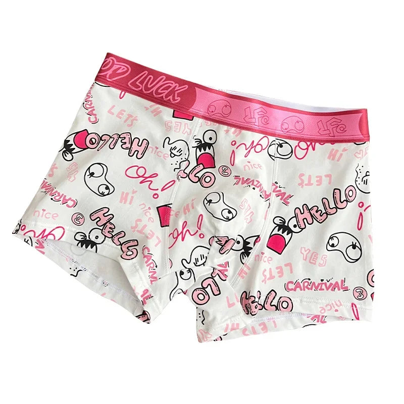 Trendy Pink Cotton Boxer Shorts for Men Cute Cartoon Design Bagged Four Corner Briefs Comfortable Breathable Men's Underwear
