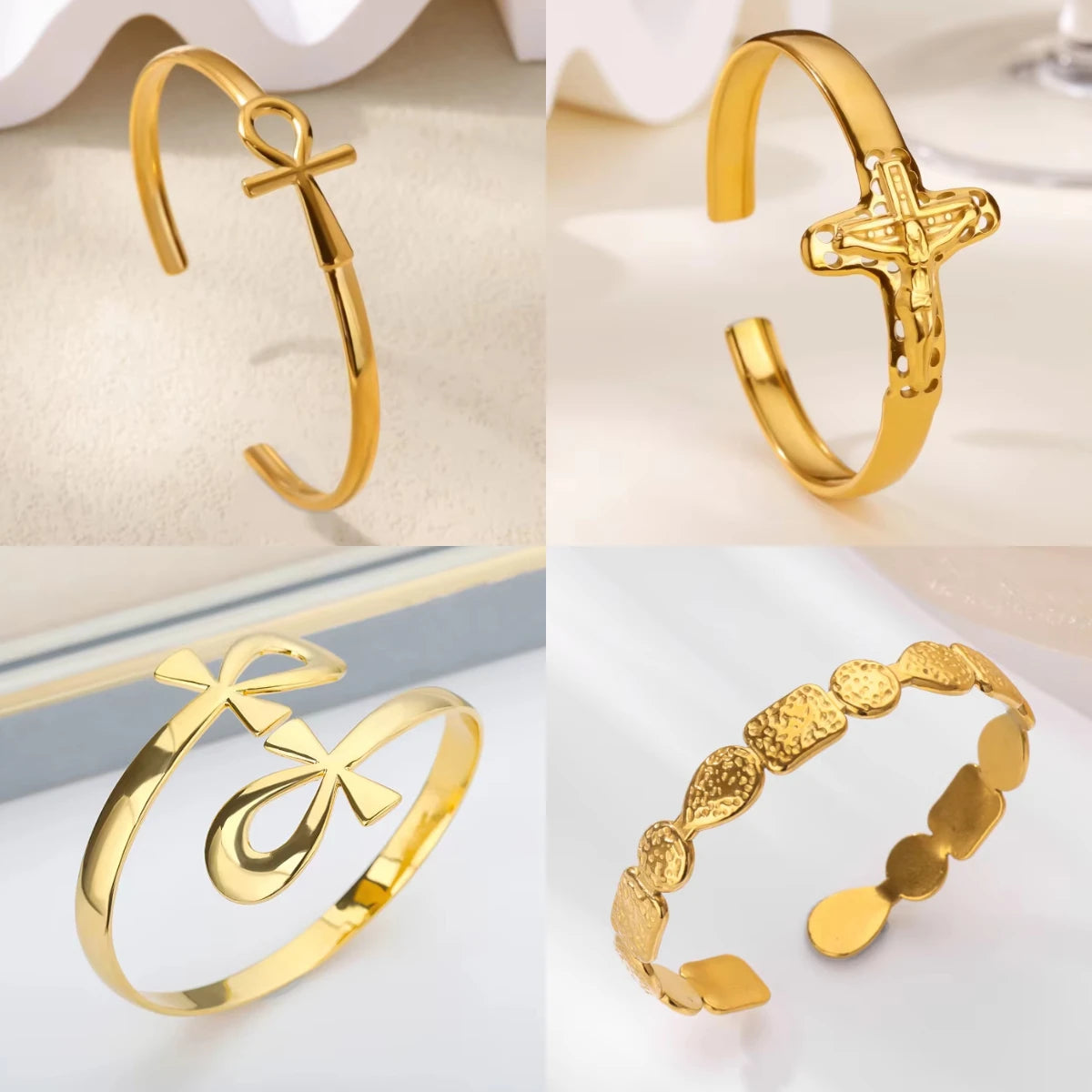 Stainless Steel Ankh Cross Bracelet For Women Men Gold Color Cross Cuff Bangles Vintage Egyptian Religion Jewelry Gifts