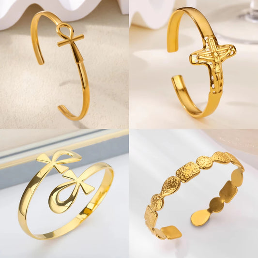 Stainless Steel Ankh Cross Bracelet For Women Men Gold Color Cross Cuff Bangles Vintage Egyptian Religion Jewelry Gifts