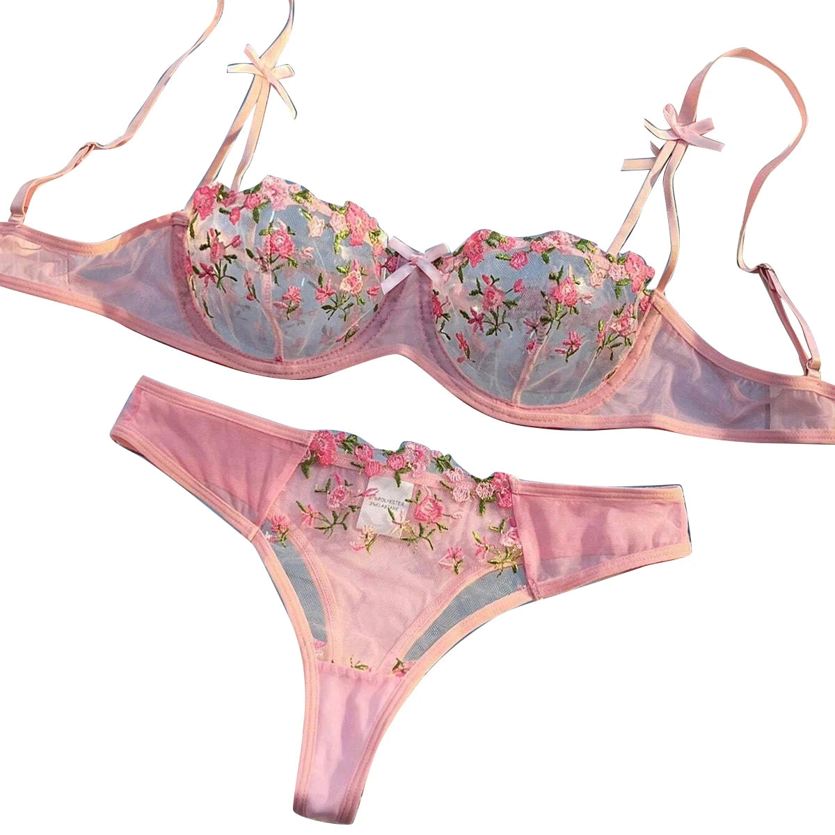 Pink Floral Embroidery Lingerie Set