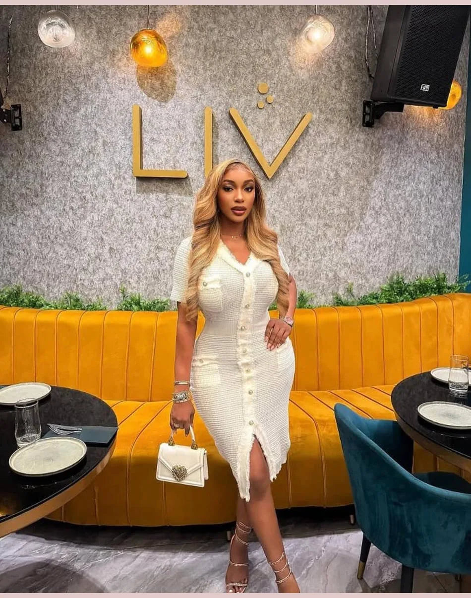 2025 New Arrival Women Knitted Long Dress Elegant V-neck Single-breasted Split Sweater Dress Office Lady Vestidos