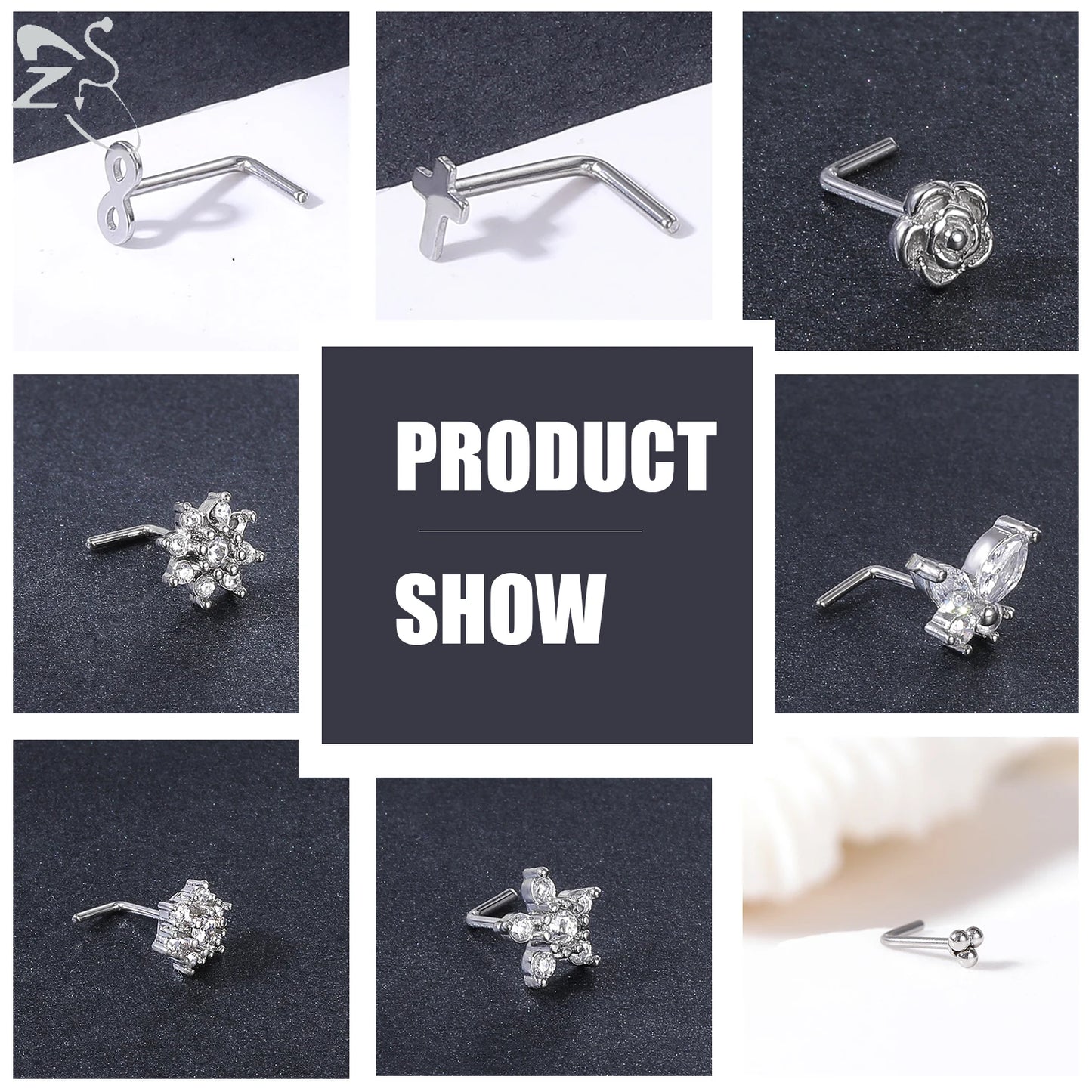 ZS 3pcs/lot 20G Stainless Steel Nose Stud Set Moon Heart Butterfly Crystal Nose Piercing Screw L Shape Nostril Piercing Jewelry