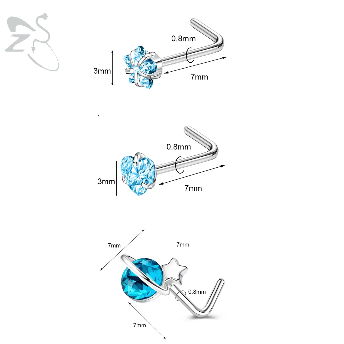 ZS 3pcs/lot 20G Stainless Steel Nose Stud Set Moon Heart Butterfly Crystal Nose Piercing Screw L Shape Nostril Piercing Jewelry