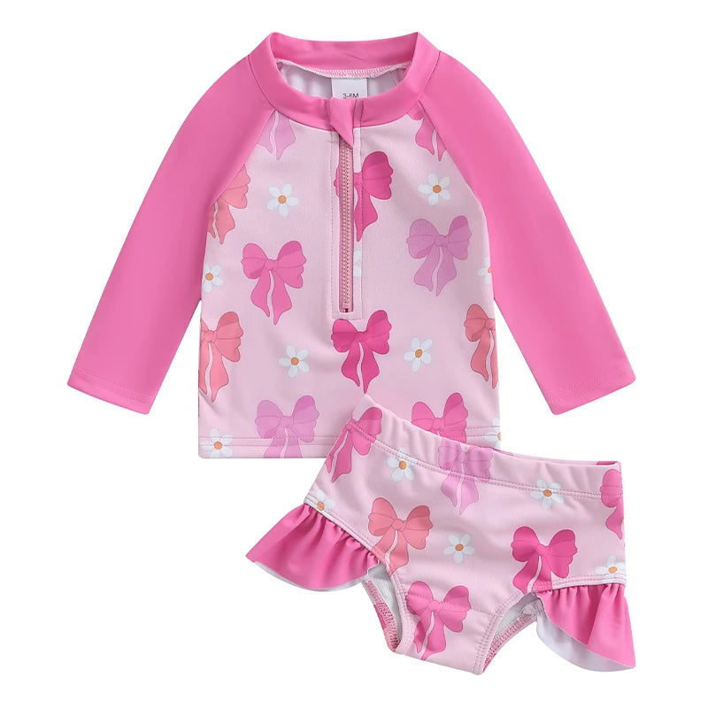 Baby Girls Bathing Suit Set Floral Long Sleeve Back Zip Up Rash Guard Swimsuit + Swim Shorts Infant Toddler Child Beachwear