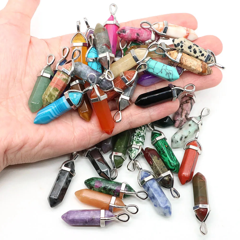 1PC Hexagonal Chakra Crystal Pendant Bullet Shape Natural Gemstone Pointed Quartz Stone Pendants for DIY Necklace Jewelry Making