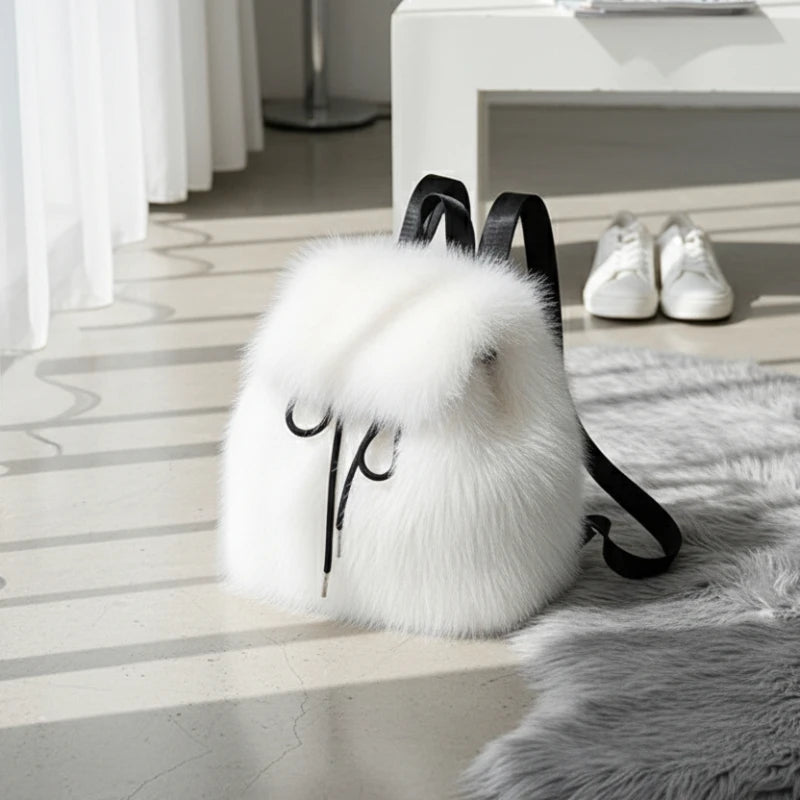 2026 Casual Faux Fur Backpack for Women Drawstring Flap Closure Large Capacity School Bag Trendy Travel
