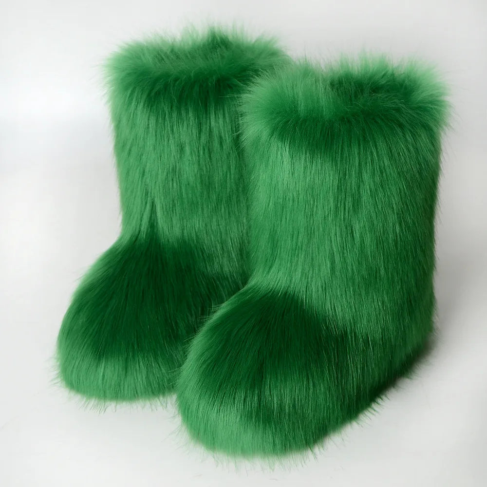New Winter Fur Onepiece Raccoon Fur Female Snow Boots Fur Shoes Outdoor Mid Leg Boots