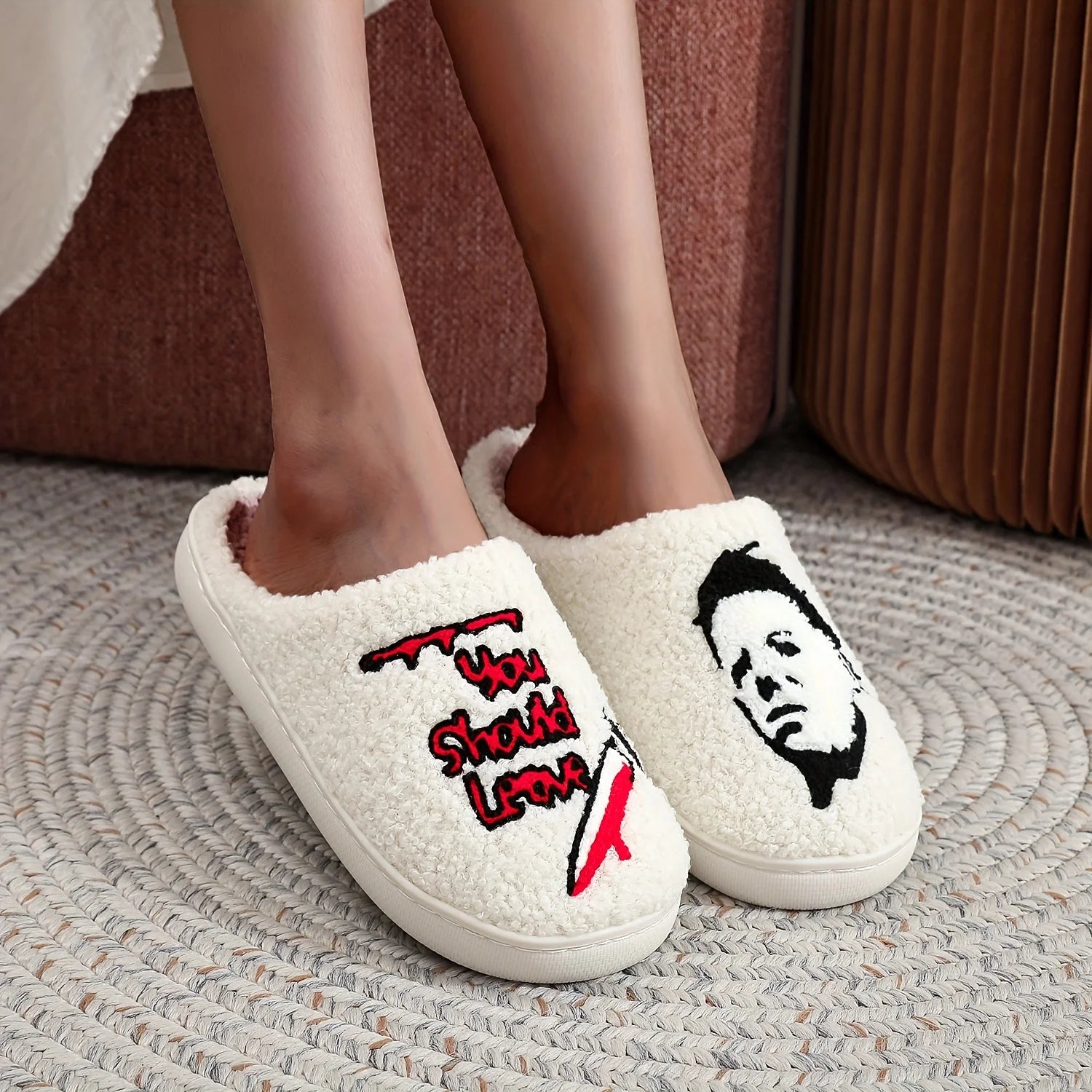 Halloween-themed plush slippers, featuring open-toe design for comfort and warmth, as well as  for indoor floor slippers