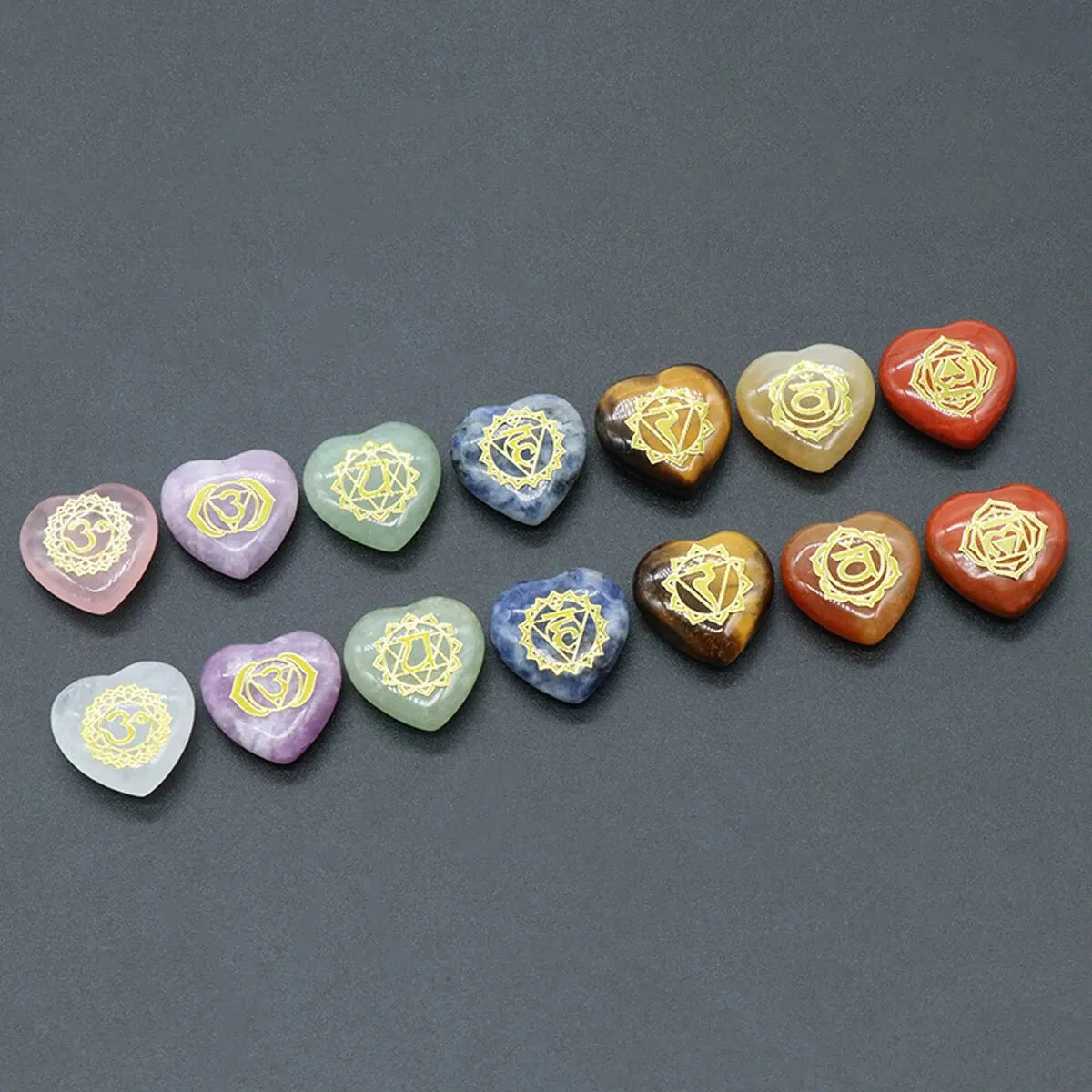 7pc/Pack Natural Stone Heart Shape Ornament 7 Chakra Amethyst Tiger Eye Energy Engraved Symbols Reiki Divination Healing 20x20mm
