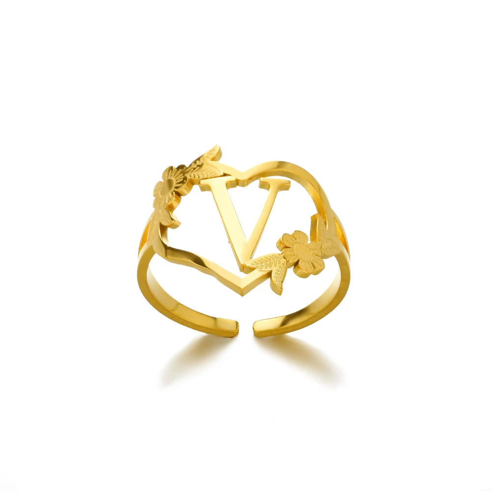 Stainless Steel Gold Color Heart A-Z Letter Rings For Women Anillos Mujer Love Open Initials Name Alphabet Ring Jewelry Gift