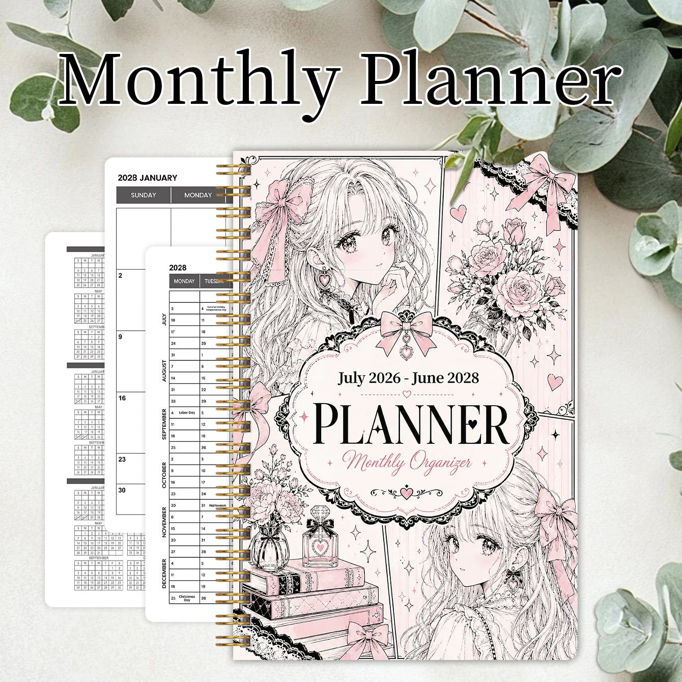2026-2028 Monthly Planner, Pink Manga Girl Cover Spiral Calendar Notebook, PP Cover, 100GSM Paper, Mini Calendars