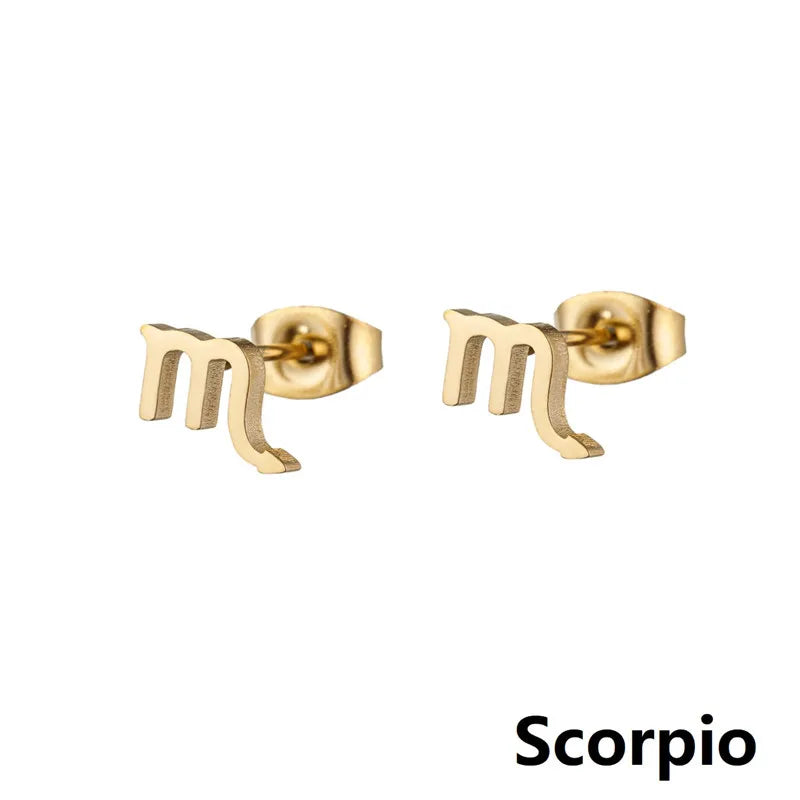 Stainless Steel 12 Constellation Earrings for Women Zodiac Sign Symbol Ear Studs Astrology Jewelry Girls Birthday Gift Accessory