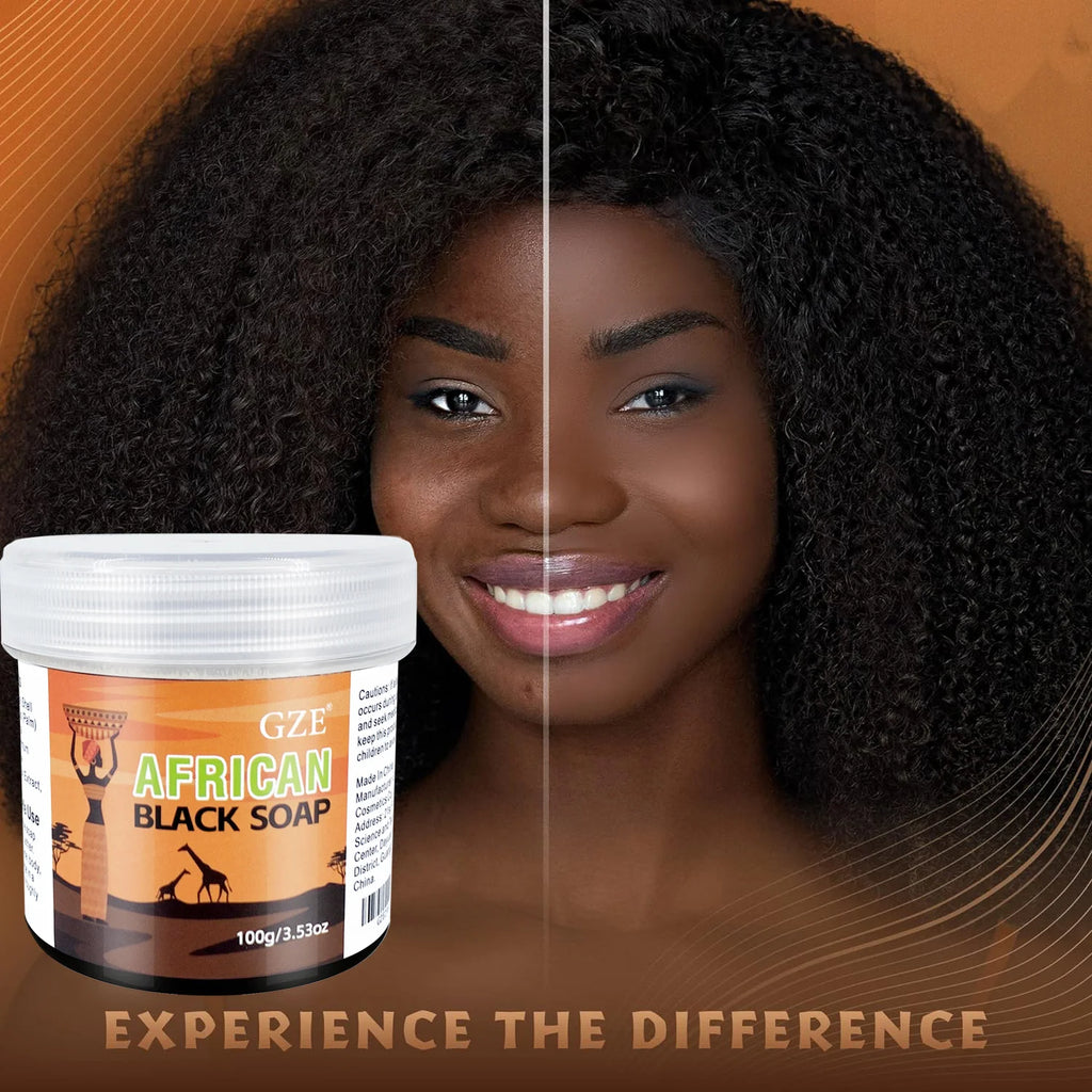 GZE African Black Soap 3-in-1 Face, Hair, and Body Cleanser - Deeply Cleanses and Moisturizes Skin and Hair, Natural Ingredients
