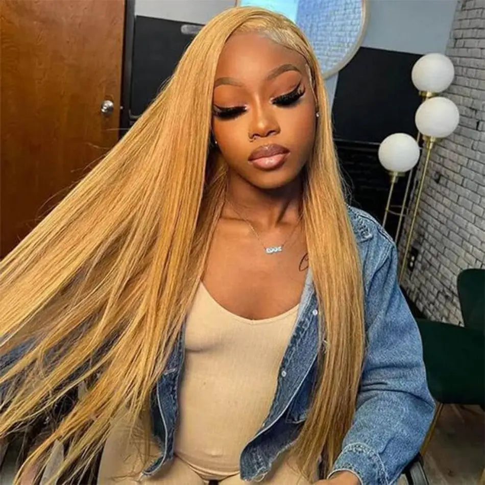 27 Honey Blonde Straight Human Hair Wigs Colored 13X6 Hd Lace Frontal Wig Brazilian Wigs Original 30 Inch Preplucked Prebleached