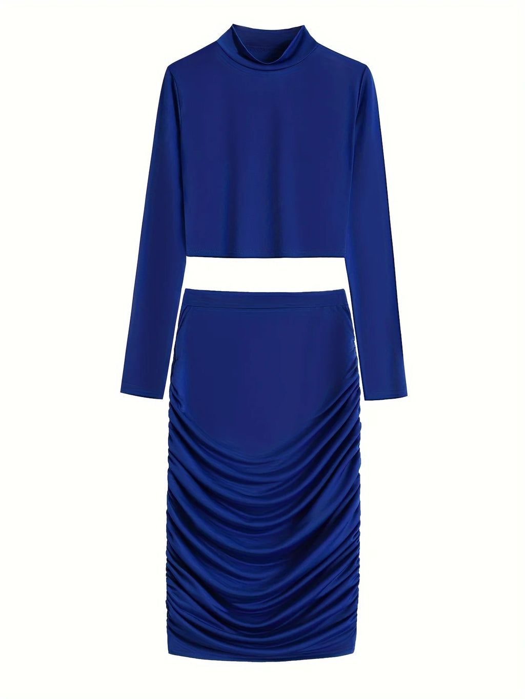 Sexy Bodycon 2pcs Set Long Sleeve Crop Top & High Waist Ruched Skirt Women's Clothing