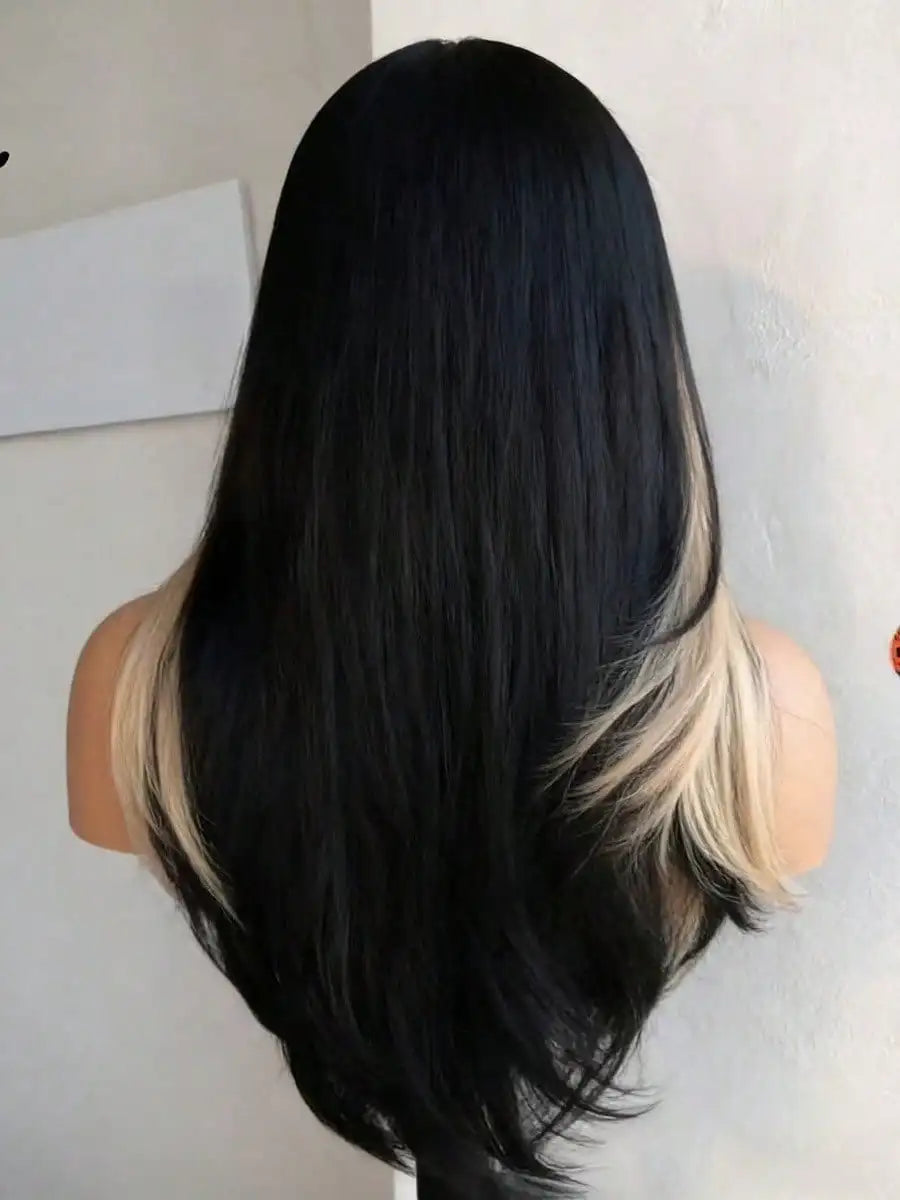 Highlight White Bone Straight 13x4 HD Transparent Lace Front Wig Black and White Glueless Human Hair for Women 200% Density
